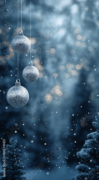 Fototapeta Serene Winter Christmas Evening with Silver Ornaments and Magical Snowfall Background, Ultra-Realistic Festive Winter Night Scene with Snowflakes and Elegant Christmas Decorations