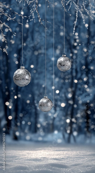 Fototapeta Serene Winter Christmas Evening with Silver Ornaments and Magical Snowfall Background, Ultra-Realistic Festive Winter Night Scene with Snowflakes and Elegant Christmas Decorations