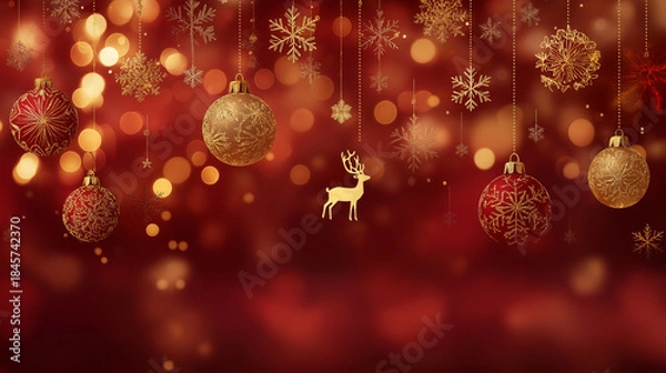 Fototapeta Luxury Deep Red Christmas Background With Golden Snowflakes And Ornaments, Festive Red Christmas Background With Gold Baubles Lights And Reindeer