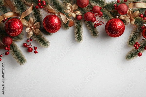 Fototapeta Elegant Christmas Border with Red Ornaments and Golden Ribbons, Luxury Festive Christmas Frame with Pine Branches and Decorations