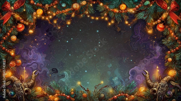 Fototapeta Dark Christmas Vignette Border With Krampus Horns And Glowing Lights, Eerie Festive Christmas Frame With Krampus Horns And Mystic Smoke