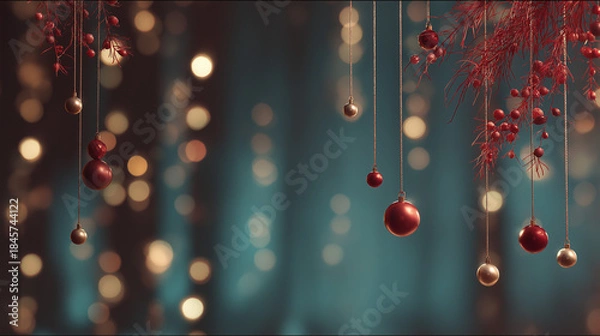 Fototapeta Photorealistic Christmas Gradient Background With Hanging Lights And Festive Decorations, Elegant Christmas Holiday Background With Gradient And Realistic Hanging Lights