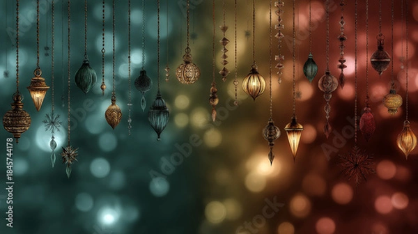 Fototapeta Photorealistic Christmas Gradient Background With Hanging Lights And Festive Decorations, Elegant Christmas Holiday Background With Gradient And Realistic Hanging Lights