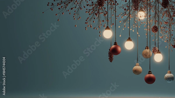 Fototapeta Photorealistic Christmas Gradient Background With Hanging Lights And Festive Decorations, Elegant Christmas Holiday Background With Gradient And Realistic Hanging Lights