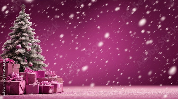 Fototapeta Magenta Christmas Background With Festive Tree, Gifts, And Falling Snow, Festive Magenta Holiday Scene With Christmas Tree, Presents, Snowfall