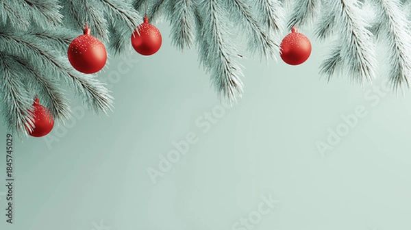 Fototapeta Minimal Christmas Background With Frosted Pine Branches And Red Baubles, Elegant Minimalistic Christmas Background Featuring Pine Branches And Red Ornaments