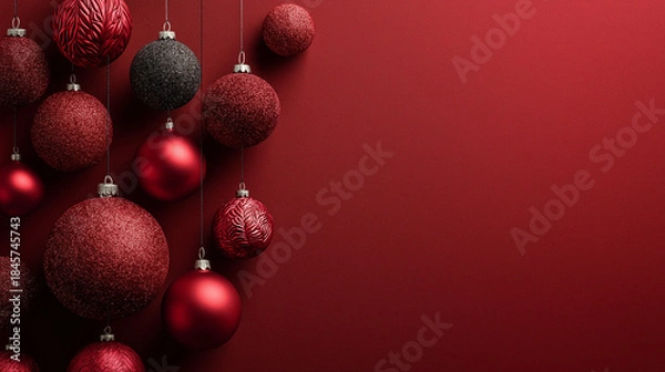 Fototapeta Red background with Christmas ornaments in one corner, large empty copy space, modern and minimalistic holiday design