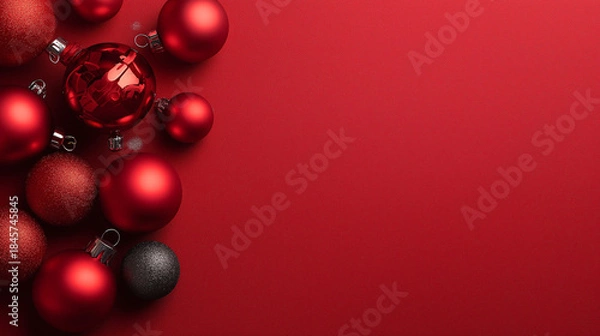 Fototapeta Red background with Christmas ornaments in one corner, large empty copy space, modern and minimalistic holiday design