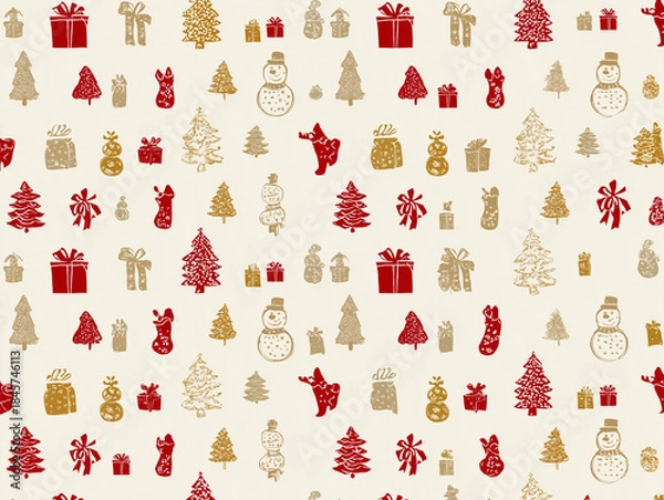 Fototapeta Minimal Christmas Seamless Pattern with Modern Festive Holiday Icons, Modern Christmas Icon Pattern in Clean Minimal Holiday Style