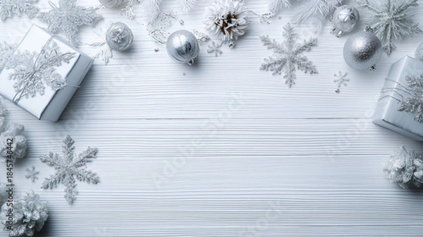 Fototapeta White Christmas atmosphere background with copy space, top view.