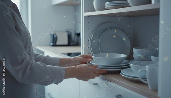 Fototapeta ミニマリストの白い食器を整理する日本人の手元 キッチン収納