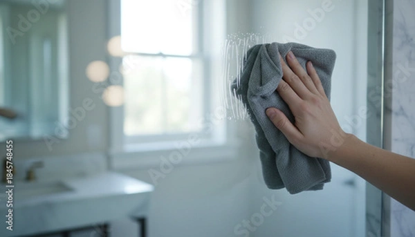 Fototapeta 浴室の鏡を拭く日本人の手元 曇りなし