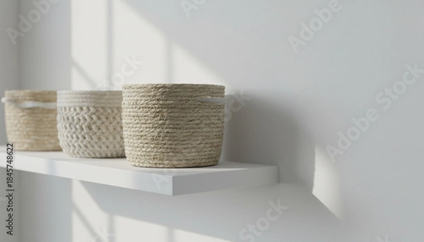 Obraz 清潔な棚に置かれたミニマルな編み込み収納バスケット かご