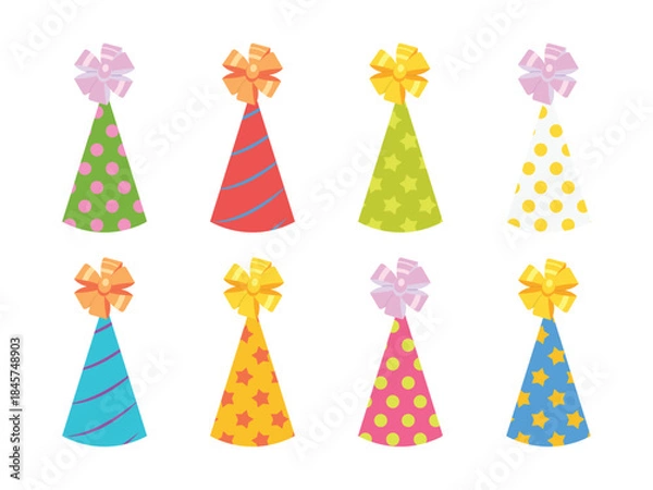 Fototapeta Happy new year and birthday party elements. Vector set of funny cone hats with large ribbons isolated on white background