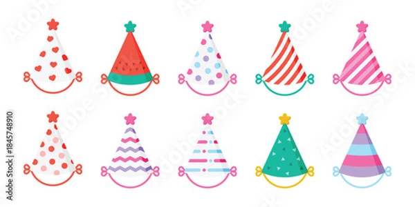Fototapeta Colorful party caps collection with various patterns. Birthday hats with hearts, stripes, dots and watermelon design vector illustration