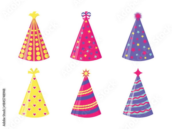 Fototapeta Vector set of bright colorful birthday party hats. Collection of festive caps with stars, dots and hearts patterns isolated on white  background
