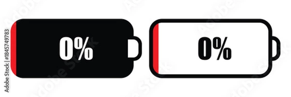 Fototapeta Battery low charging level icons. 0% battery. vector illustration.
