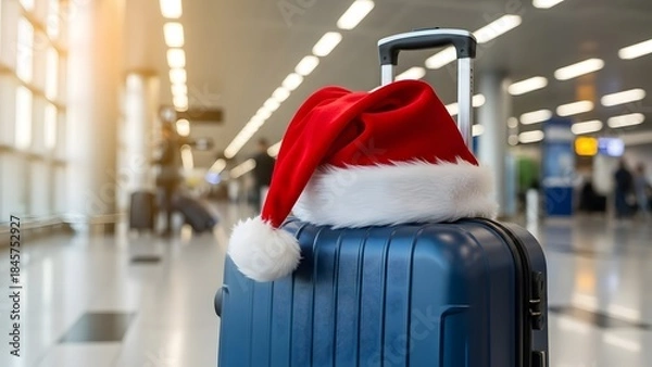 Obraz santa hat on travel bag at airport setting