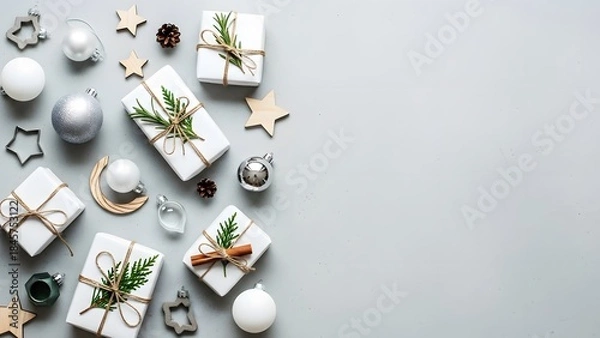Obraz Christmas gift boxes and decorations on white surface, with copyspace flat lay 