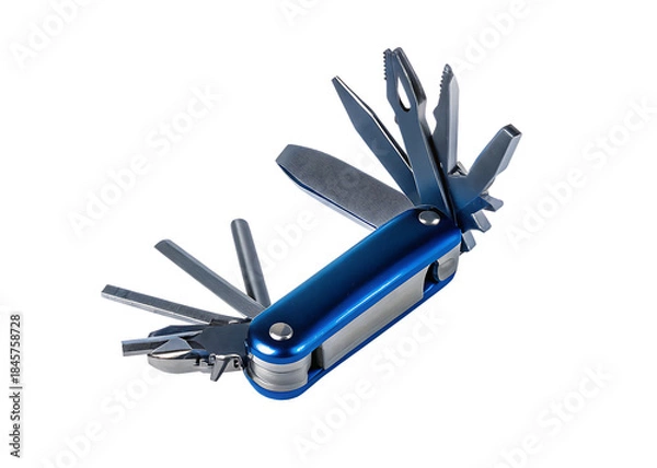 Obraz Blue multi tool with many attachments isolated on white background