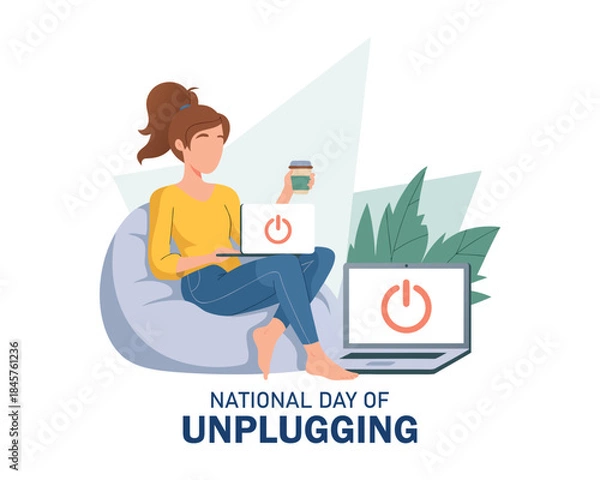 Fototapeta National Day of Unplugging. a black woman is reading a book, the computer is turned off. Concept illustration rejection of gadgets.