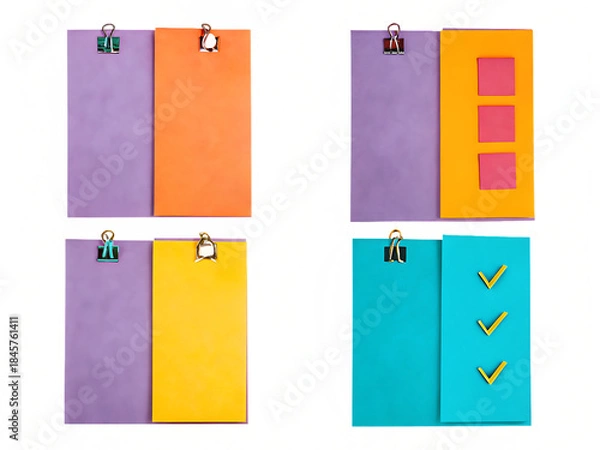 Obraz Four colorful note pads with clips isolated on white background