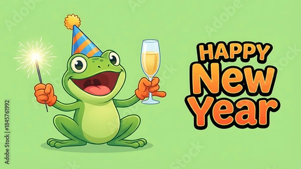 Obraz Festive amphibian character celebrating the new year with a sparkling drink and illuminated sparkler