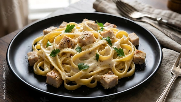 Obraz Delicious Fettuccine Alfredo with Grilled Chicken and Fresh Parsley Served on a Dark Plate