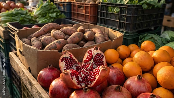 Obraz Abundant Harvest of Fresh Produce Displayed at an Outdoor Market Stall, Offering Colorful Fruits and Vegetables