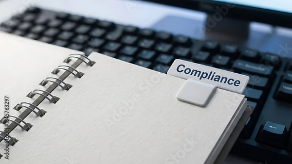 Obraz Compliance Concept with Notebook and Keyboard Showing Regulatory Adherence and Business Ethics in a Modern Office Environment