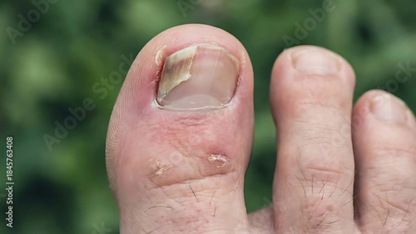 Obraz Close up of a damaged human toe with a partially detached toenail and surrounding inflammation, showing skin irritation
