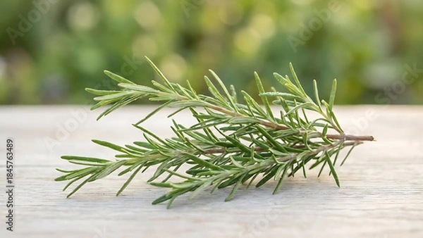 Obraz Fresh Rosemary Sprigs on Weathered Wood Surface with Blurred Green Background, Natural Herb Presentation