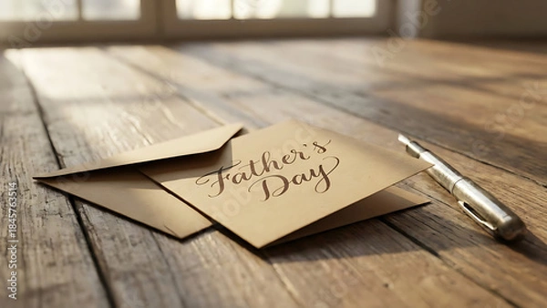 Obraz Father's Day Greeting Card and Pen on Wooden Table with Soft Natural Light, Celebrating Parenthood