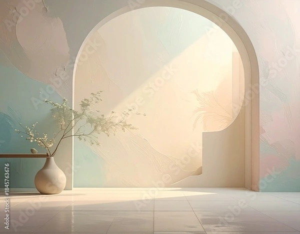 Obraz “Pastel Light fall – Minimalist Interior with Arched Sunlight and Delicate Floral Accent”