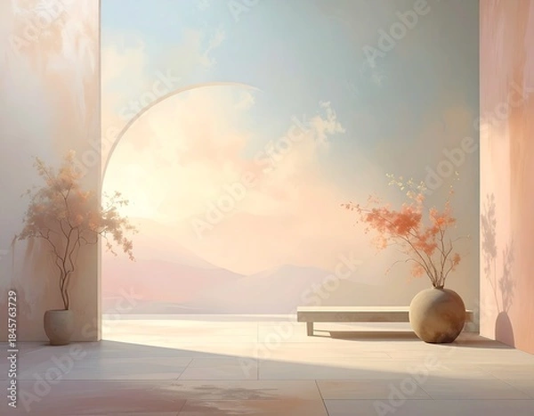 Obraz “Pastel Sanctuary – Minimalist Archway with Scenic Mountain View and Soft Light”