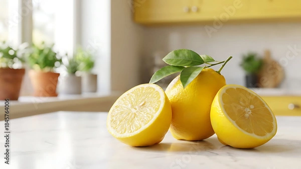 Obraz Fresh Lemons and a Slice on a Marble Countertop with a Bright Kitchen Background