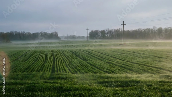 Obraz Rolling green fields stretch into the distance under a hazy sky, creating a peaceful rural landscape and serene atmosphere