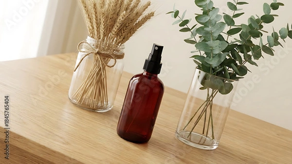 Obraz Minimalist Still Life with Amber Spray Bottle, Dried Wheat and Greenery in Glass Vases on Wooden Surface
