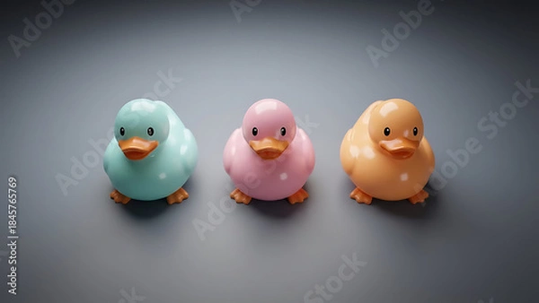 Obraz Colorful Rubber Ducklings in a Row Representing Childhood Play and Bath Time Fun with a Soft Focus