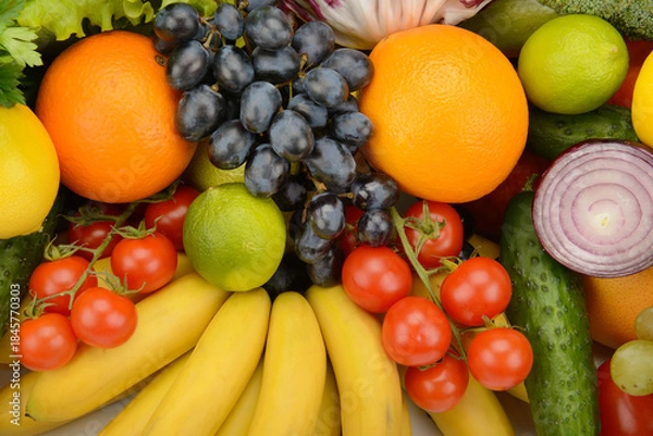 Obraz Natural Fresh Harvest Display Featuring Multicolored Fruits and Vegetables in High-Detail Macro Shot