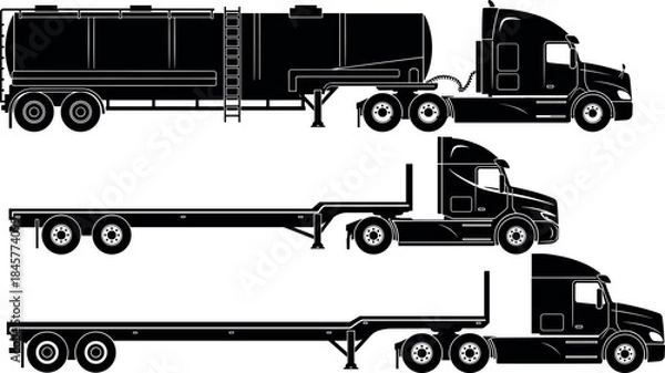 Obraz Black semi truck and trailer silhouettes set featuring tanker and flatbed transport vector illustration isolated on white background design collection