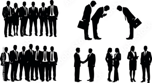 Obraz Business people silhouettes set showing teamwork handshake greeting bowing meeting corporate professionals isolated black vector illustration on white background design