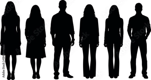 Obraz Diverse people silhouettes standing together human figures male female crowd isolated black vector illustration for business social community concept design