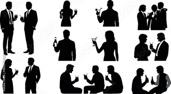 Obraz Elegant cocktail party silhouettes of business people socializing with drinks at networking events, nightlife celebrations, and professional gatherings vector illustration