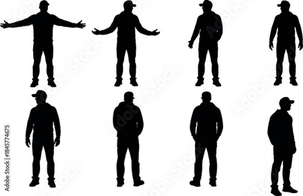 Obraz Male human silhouettes set showing different standing poses isolated on white background for business, people, character design vector illustration collection