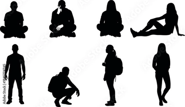 Obraz Set of human silhouettes in various poses including sitting standing walking with backpack minimalist black vector illustration isolated white