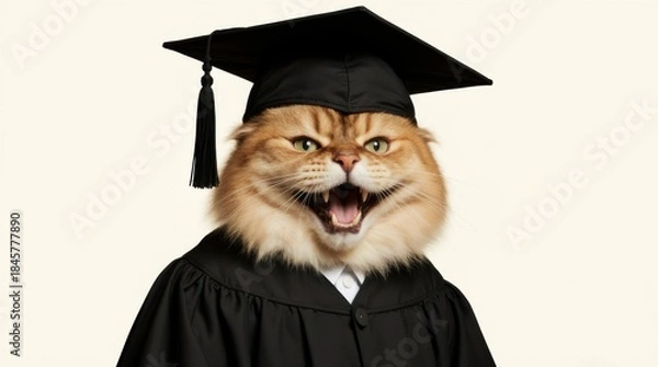Obraz A cat wearing a black cap and gown is smiling 
