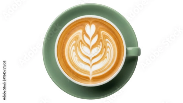 Obraz Latte art in green cup isolated PNG, coffee drink with heart and leaf pattern on transparent background, cafe beverage