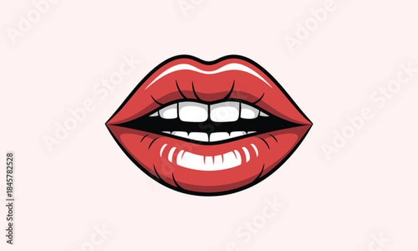 Fototapeta Red Glossy Lips with White Teeth on Light Pink Background