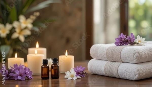 Fototapeta Alm Spa still life that promotes wellbeing and relaxation with candles, towels, and aromatic scents